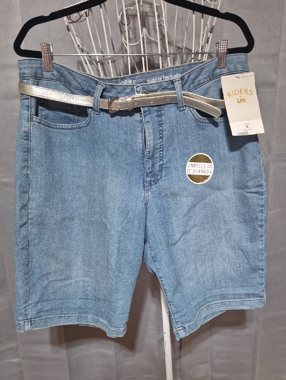 Riders by Lee Medium Blue Denim Bermuda Shorts with Metallic Silver Belt